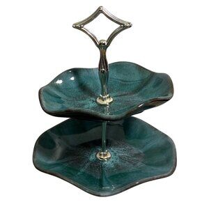 Blue Mountain Pottey Two Tier Serving Tray Hi Tea Appetizers Tidbits Green Black
